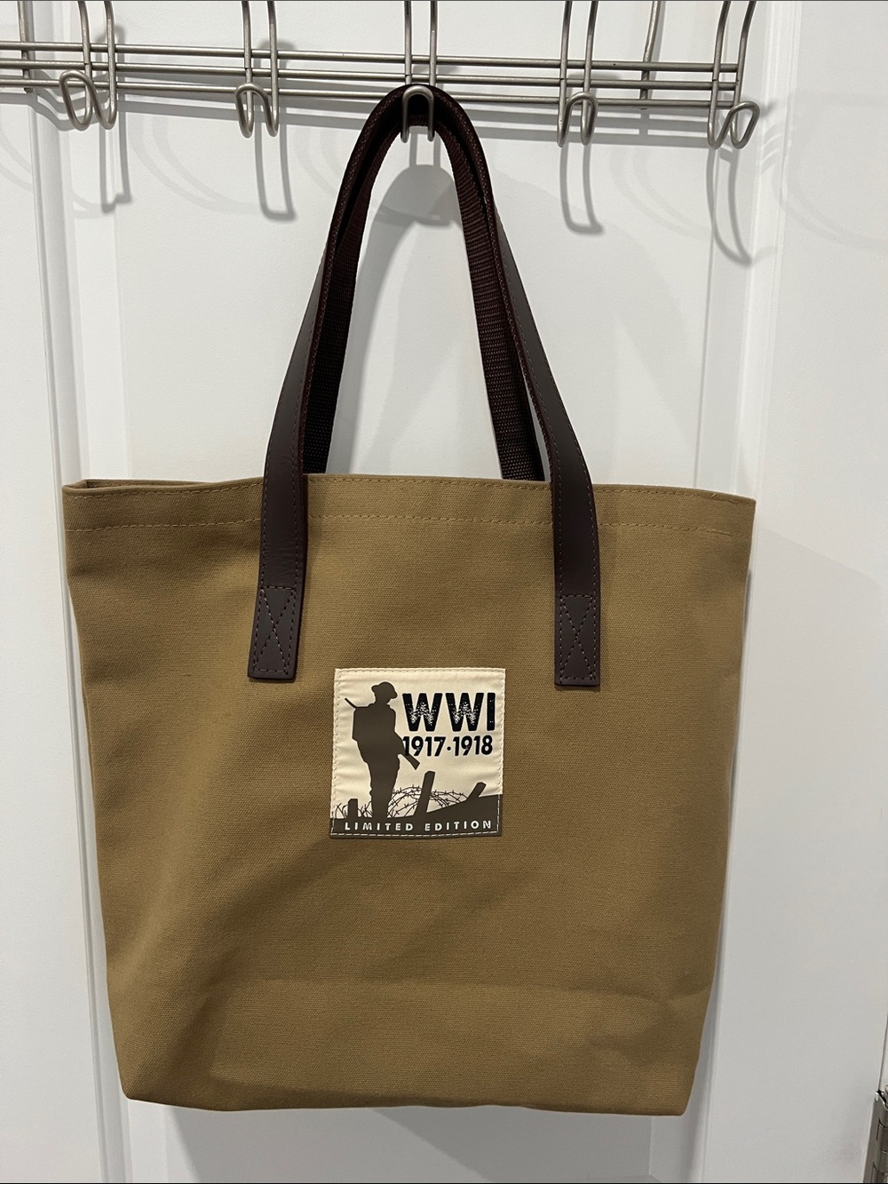 WWI Limited Edition Canvas Tote Bag in Khaki with Dark Brown Handles